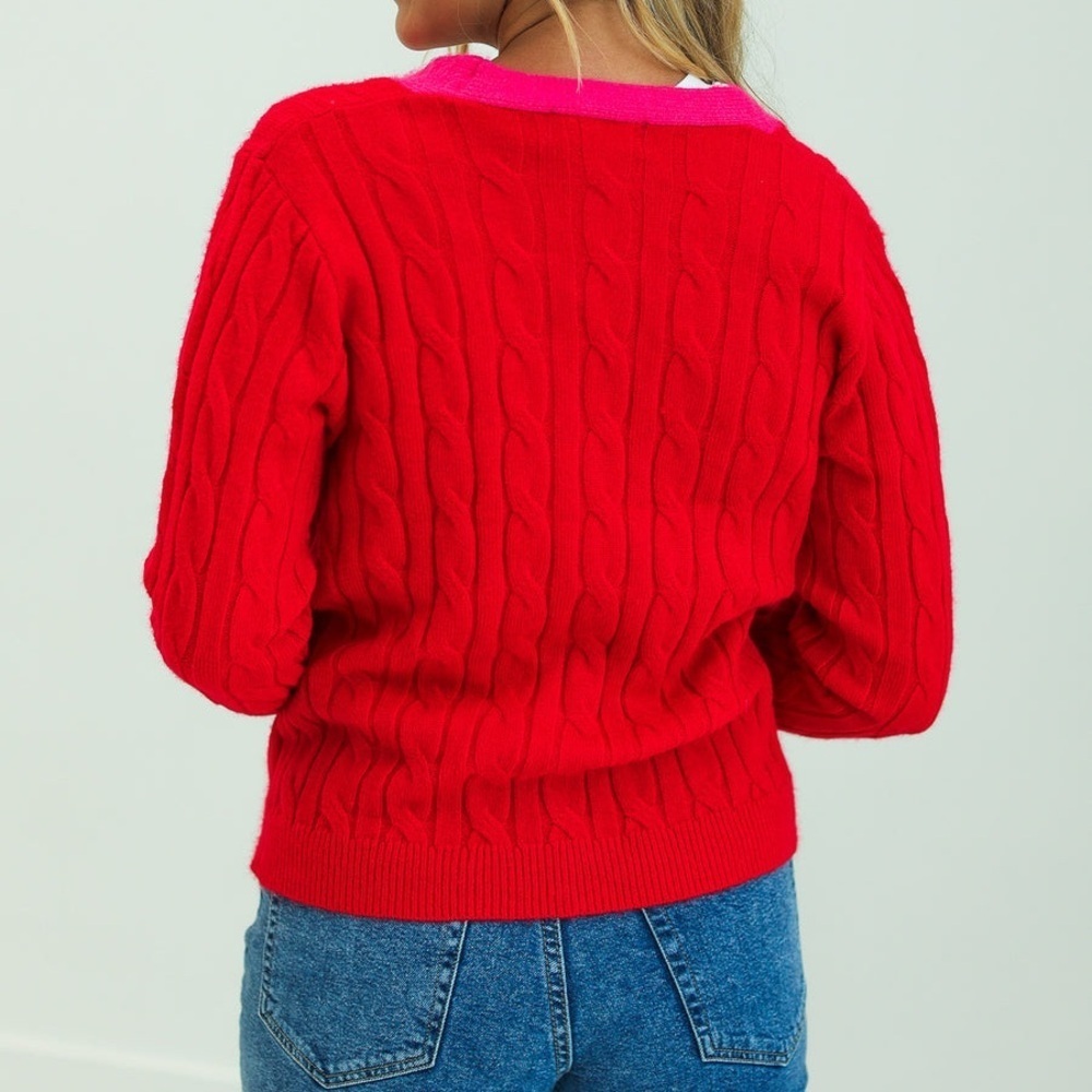 Southern Grace Bright Red Button Down Oversized Cardigan Pink Trim Sequin Trees - Picture 2 of 11